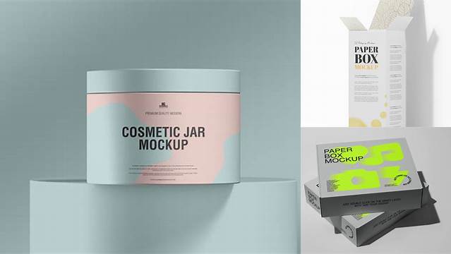 8865+ Green Jar with Paper Box PSD Mockup Premium Mockup Freebie