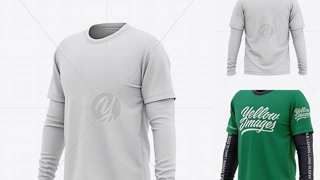 8869+ Men's Double-Layer Long Sleeve Knit T-Shirt PSD Mockup Back Half Side View Creative Design Mockup