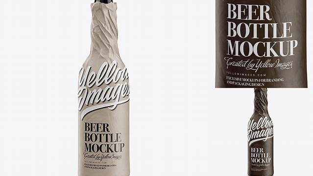 8881+ Clear Beer Bottle Wrapped in Matte Paper PSD Mockup Best Free Mockup PSD