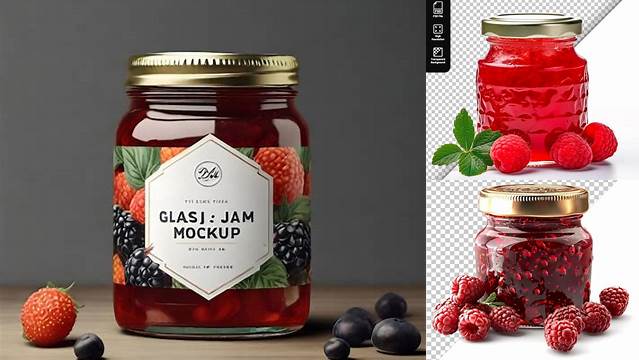 8891+ Clear Glass Jar with Raspberry Jam PSD Mockup Exclusive Editable PSD File