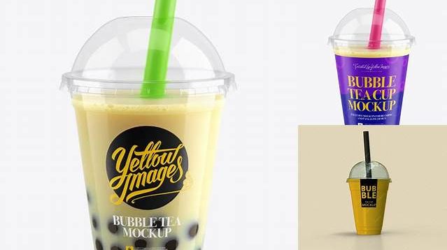 8897+ Banana Bubble Tea Cup PSD Mockup High-Angle View Editable and Customizable PSD