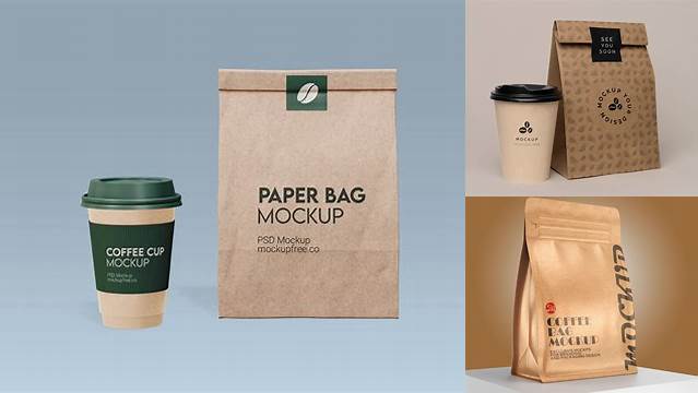 8900+ Kraft Bag with Coffee Cup PSD Mockup Front View Free Premium Photoshop Template Download