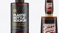 8902+ Amber Plastic Bottle PSD Mockup Front View High-Angle Shot Customizable Photoshop Template