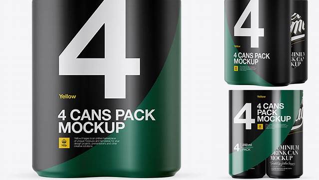 8913+ 4 Cans in Matte Shrink Wrap PSD Mockup Front View Download Free PSD