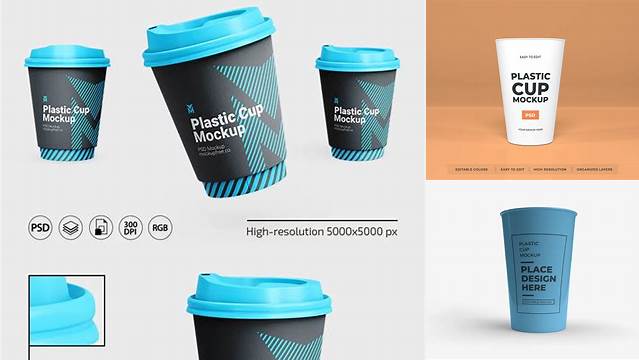 8922+ Plastic Cup PSD Mockup Half Side View High Angle Shot Elegant PSD Mockup