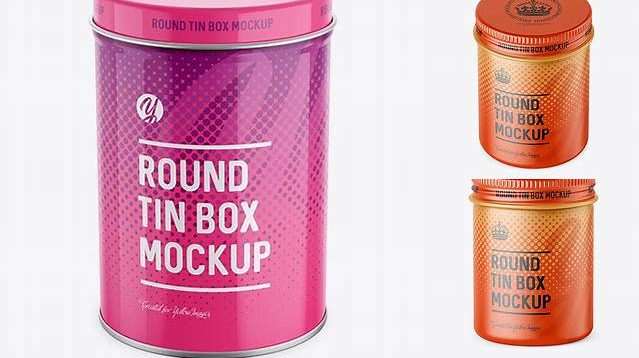 8967+ Round Tin Box with Glossy Finish PSD Mockup High-Angle Shot Download Now Free PSD Template