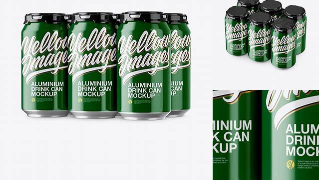 8983+ Pack with 6 Glossy Aluminium Cans with Plastic Holder PSD Mockup Modern Free PSD Template