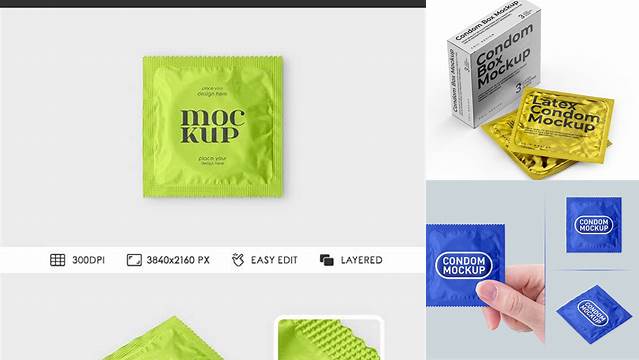 9005+ Matte Three Condom Packaging PSD Mockup Downloadable PSD Design Template