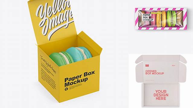 9021+ Opened Paper Box With Macarons PSD Mockup Half Side View Unique High-Resolution Design Freebie