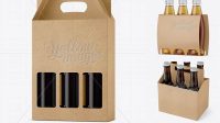 9026+ Kraft Paper 3 Pack Amber Bottle Carrier PSD Mockup Halfside View Layered PSD for Easy Editing