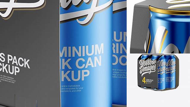 9045+ Carton Carrier with 4 Metallic Cans PSD Mockup Half Side View High-End PSD Download