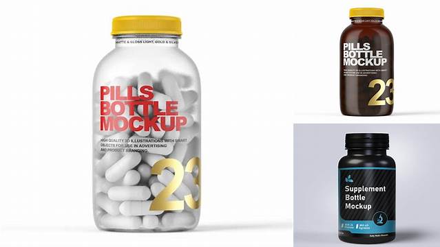 9045+ Glossy Plastic Bottle With Pills PSD Mockup Custom PSD Mockup Template