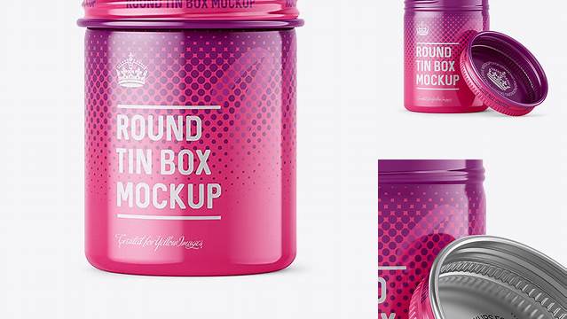 9050+ 100ml Round Tin Box with Glossy Finish PSD Mockup Front View Editable Mockup PSD