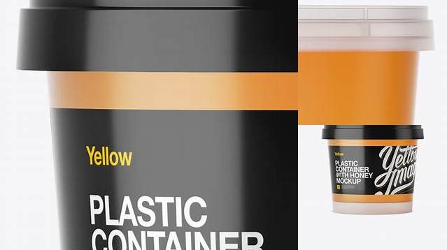 9054+ Frosted Plastic Container With Honey PSD Mockup Eye-Level Shot Download Free Editable PSD Template