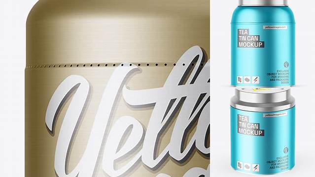 9060+ Tea Tin Can with Matte Metallic Shrink Sleeve PSD Mockup High-End Creative PSD Template