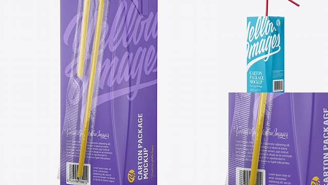 9076+ Carton Package with Straw PSD Mockup Halfside View Photoshop Resource Free