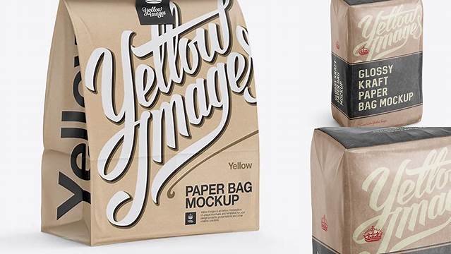 9098+ Glossy Kraft Paper Bag with Window PSD Mockup Halfside View Easy-to-Edit Photoshop Freebie