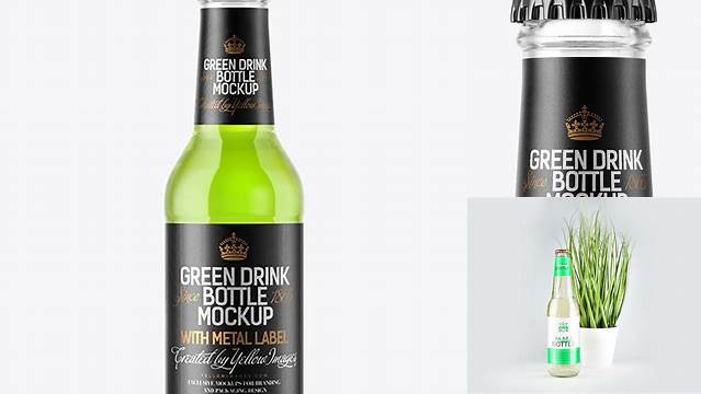 9108+ 200ml Clear Glass Bottle with Green Drink PSD Mockup Creative Layered Design File