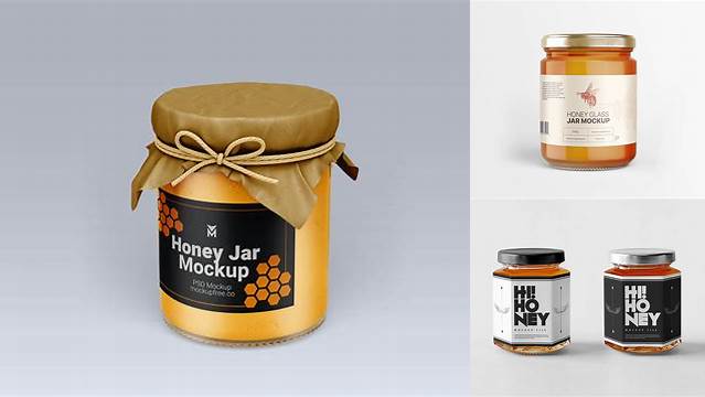 9134+ Glass Creamed Honey with Prunes Jar PSD Mockup Editable and Customizable PSD