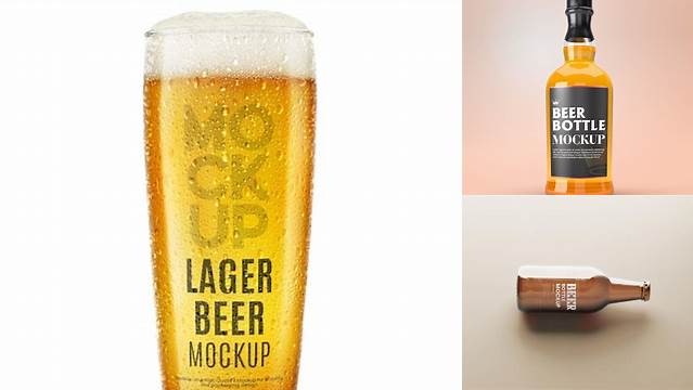 9146+ Glass Bottle with Lager Beer PSD Mockup Advanced Editable Template Free