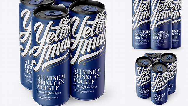 9177+ 4 Matte Aluminium Cans PSD Mockup Half Side View High Angle Shot Professional PSD Mockup