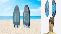 9178+ Wooden Surfboard in Sand PSD Mockup Front View Creative Free PSD Graphic Design