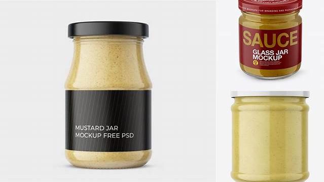 9188+ Glass Jar with Mustard PSD Mockup Front View High Angle Shot Premium Mockup Freebie