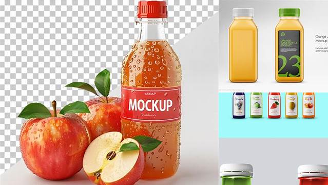 9238+ Clear Plastic Bottle With Apple Juice PSD Mockup Editable and Customizable PSD