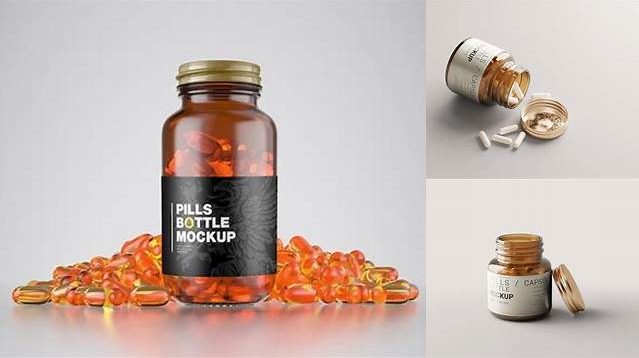 9241+ Dark Amber Glass Bottle With Pills PSD Mockup Creative and Modern PSD Freebie