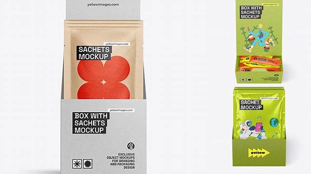 9242+ Box With Kraft Sachets PSD Mockup Downloadable PSD Design Template