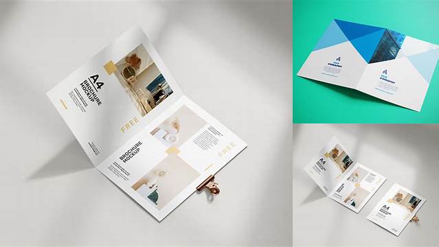 9247+ A4 Folded Brochure PSD Mockup Half Side View High-Angle Shot Fully Layered Free Photoshop File