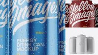 925+ Three 330ml Metallic Aluminium Cans with Condensation PSD Mockup Hero Shot Fully Customizable Photoshop Freebie