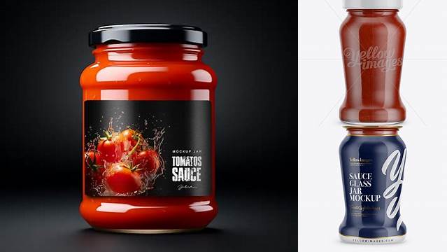 926+ 120g Glass Jar in Shrink Sleeve with Tomato Sauce PSD Mockup Layered Photoshop Template