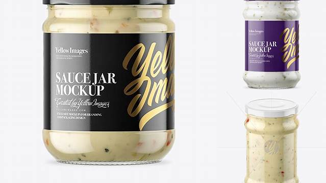 9268+ Clear Glass Jar with Garlic Sauce PSD Mockup High-Angle Shot Elegant Design Mockup PSD