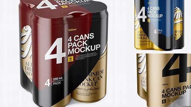 9276+ 4 Metallic Cans in Shrink Wrap PSD Mockup Half Side View High Angle Shot Versatile Photoshop File