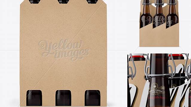 929+ Kraft Paper 6 Pack Amber Bottle Carrier PSD Mockup Halfside View High-Angle Shot Download Now Free PSD Template