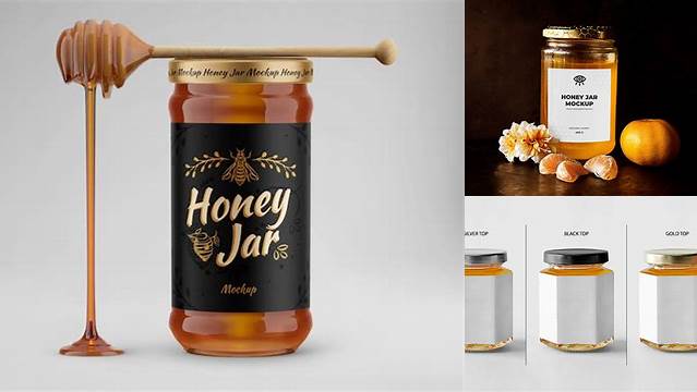 9292+ Ceramic Honey Jar With Spoon PSD Mockup Front View High-Angle Shot High-Quality Digital Mockup Resource