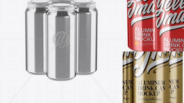 932+ Pack with 4 Metallic Cans with Plastic Holder PSD Mockup Half-Side View Download Professional PSD