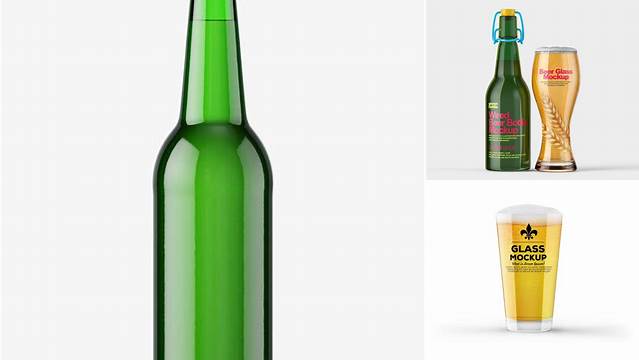 9322+ Glass Green Bottle with Lager Beer PSD Mockup Customizable Photoshop Template