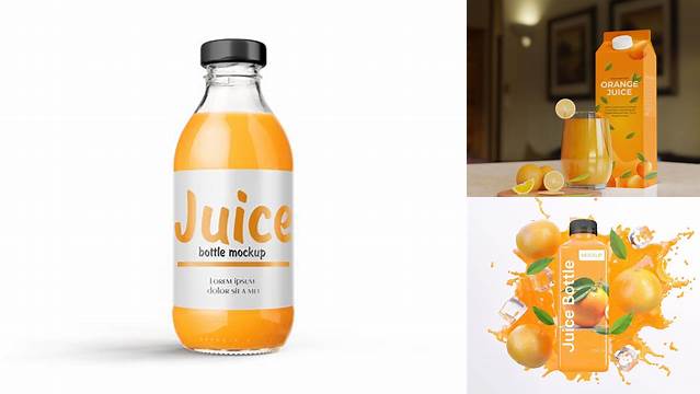 933+ Clear Plastic Bottle with Orange Juice PSD Mockup Creative Layered Design File