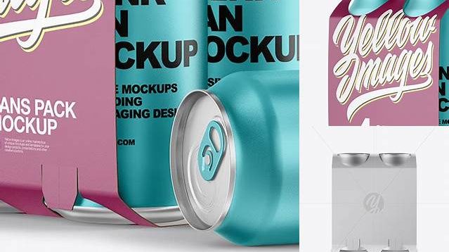 9336+ Carton Carrier with 4 Matte Metallic Cans PSD Mockup Front View Download Free Premium Design PSD