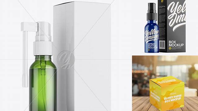 9349+ Green Spray Bottle with Glossy Paper Box PSD Mockup Fully Customizable Mockup PSD Free