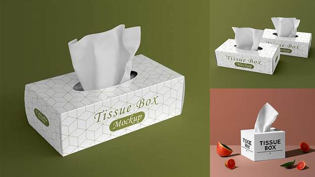 9349+ Tissue Box PSD Mockup Back 3/4 View High-Angle Shot Modern PSD Templates