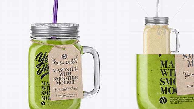 9356+ Closed Mason Jug with Straw and Label PSD Mockup Green Smoothie High-End Layered Mockup Free