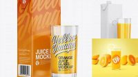 9367+ 1L Carton Pack With Orange Juice Glass PSD Mockup Halfside View Digital Resource Free Download