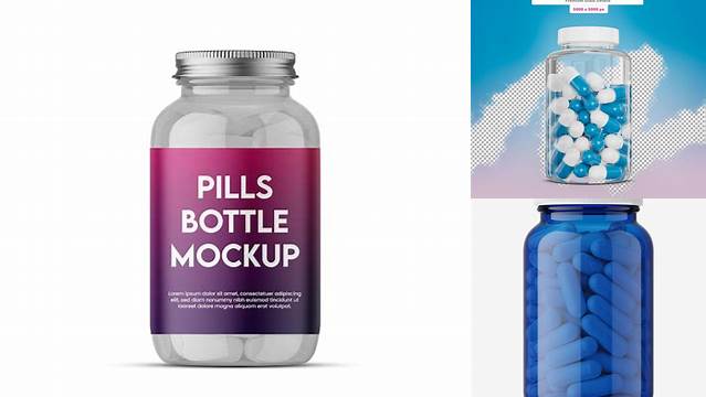 9371+ Blue Bottle With Capsules PSD Mockup Front View Easy-to-Edit PSD