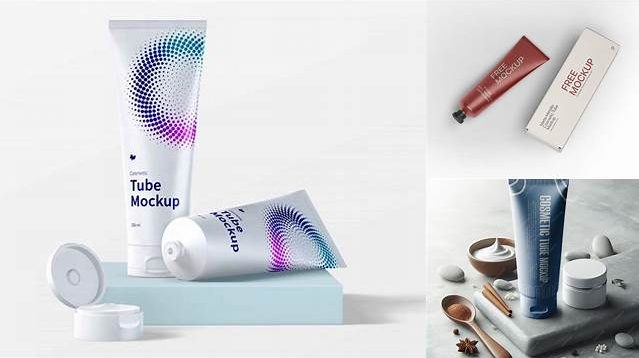 938+ Metallic Cosmetic Tube PSD Mockup High-Angle Shot Layered PSD File Free Download