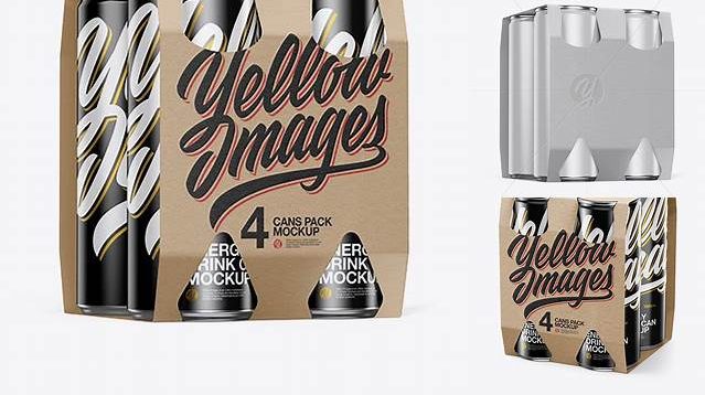 9381+ Kraft Carrier with 4 Glossy Cans PSD Mockup Half Side View High-Angle Shot Photoshop Freebie