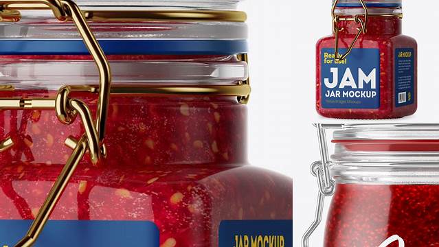 9392+ 100ml Glass Raspberry Jam Jar with Clamp Lid PSD Mockup Halfside View Exclusive Free Photoshop Mockup