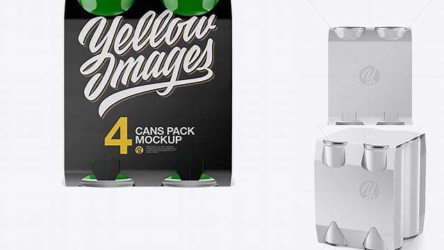 9438+ Carton Carrier with 4 Glossy Cans PSD Mockup Front View Unique and Creative Free PSD File